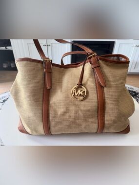 Michael Kors Beige and Brown Leather-Trim Tote